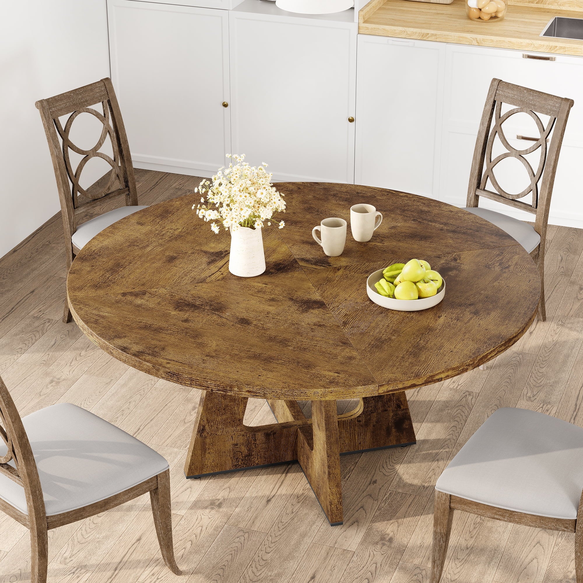 M optimized 47-Inch Round Dining Table, Wooden Kitchen Table for 4, Farmhouse Dinner Table with Wooden Top and Legs for Home Dining Room Living Room (Only Table)