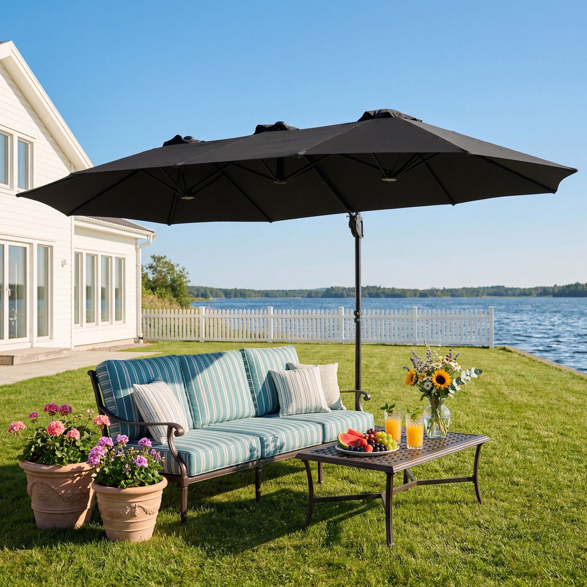 MOALCOFER 15 x 9 FT Double Sided Patio Umbrella with Base Included, Outdoor Rectangular Market Umbrella with Crank Lift, 12 Reinforced Ribs， Khaki