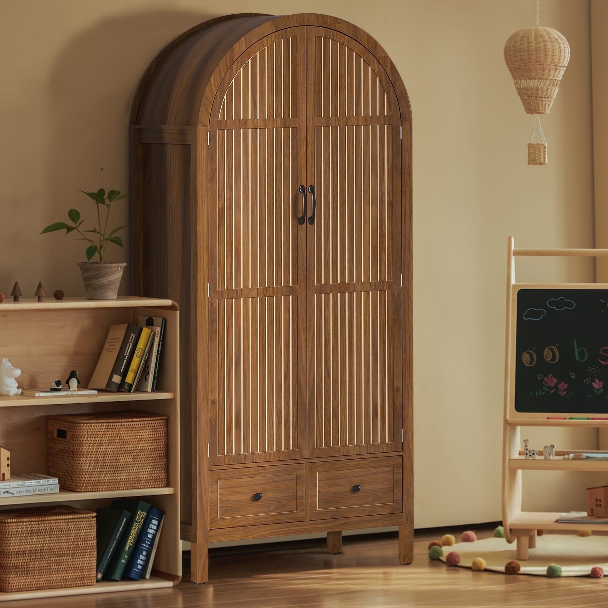 Oubayajia Arched Armoire Wardrobe Closet with Fluted Doors, Wooden Wardrobe Closet with Drawers, Shelves and Hanging Rod for Bedroom
