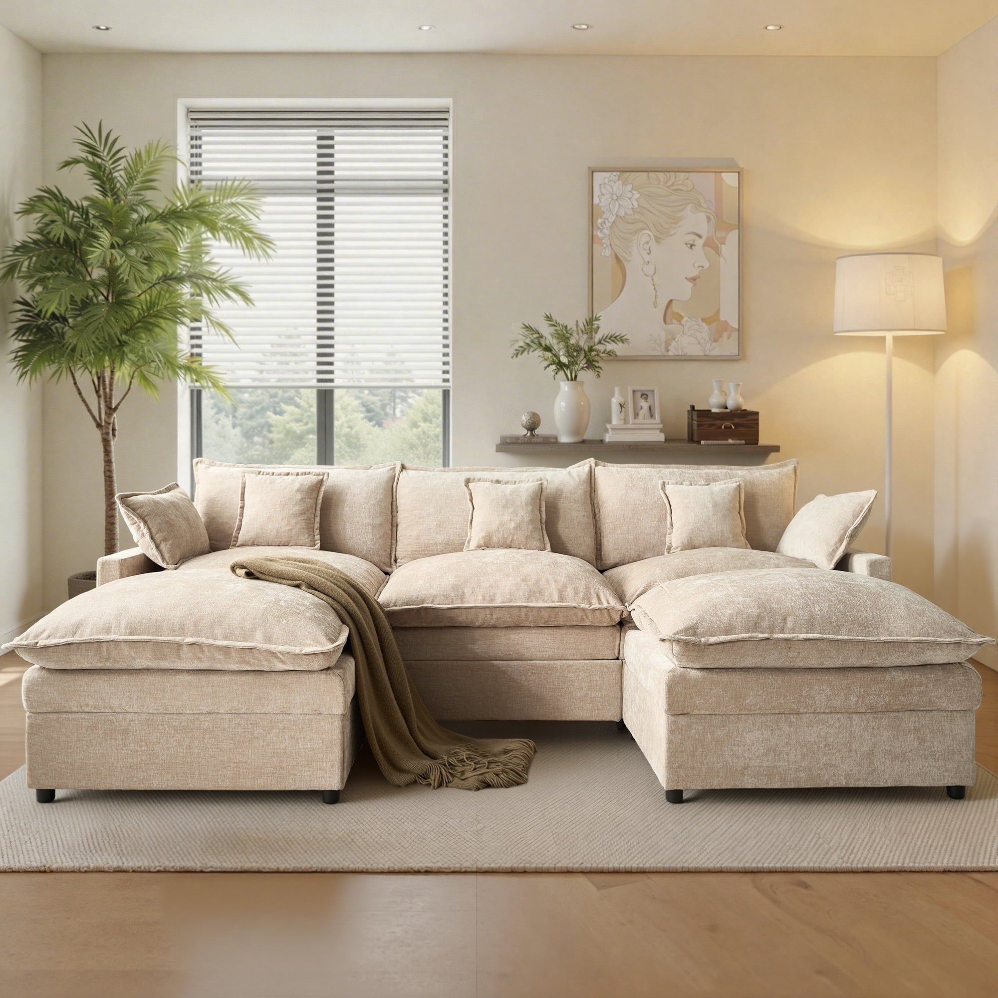 Ovios 108 Modular Sectional Sofa U-Shaped Cloud Couch with 2 Ottomans, Comfy Living Room Furniture, Chenille, Camel