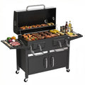 SIXDAY Extra Large Charcoal Grill with Dual Adjustable Charcoal Trays, 3 Enamel Cooking Grates, Chrome Warming Rack, 4 Wheels & Foldable Side Tables, Outdoor BBQ Smoker