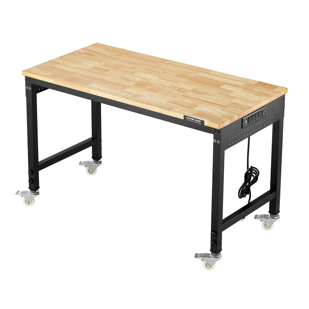 VEVOR 48-Inch Adjustable Workbench, 2000 lbs Load, Work Bench with Power Outlet, Wheels, and Pegboard, Heavy Duty Oak Wood Top Work Table for Garage, Workshop, Office, and Home