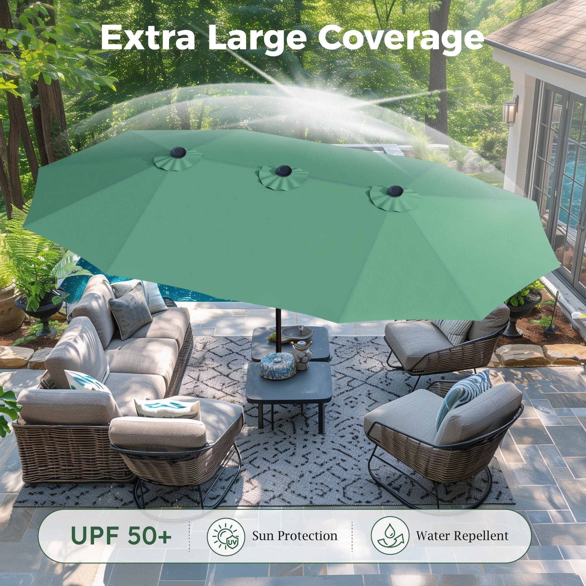 Alpha Joy 15ft Outdoor Patio Umbrella Extra-Large Double-Sided Garden Umbrella with Crank Handle and Base - Smoky Gray