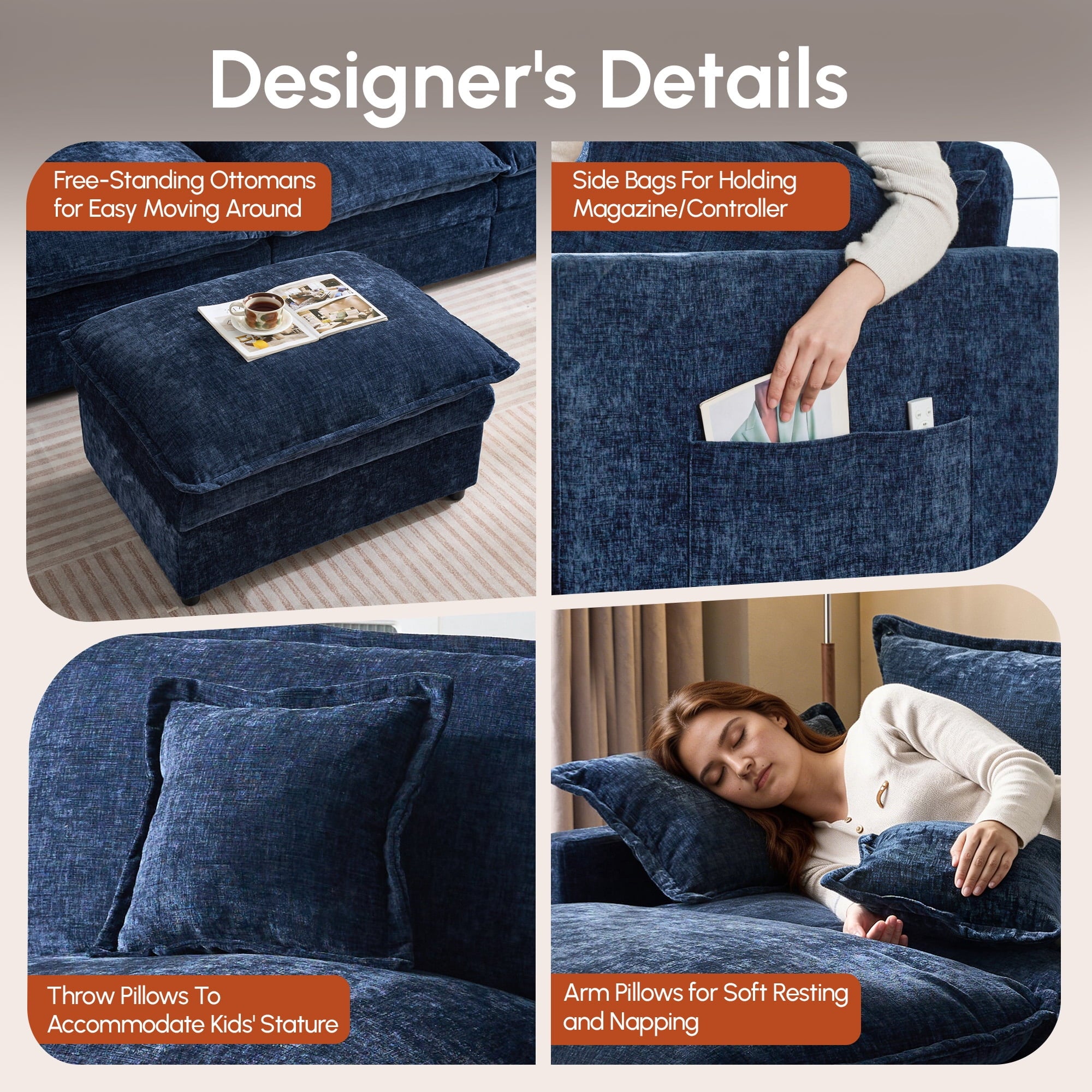 Ovios 108 Modular Sectional Sofa U-Shaped Cloud Couch with 2 Ottomans, Comfy Living Room Furniture, Chenille, Dark Blue