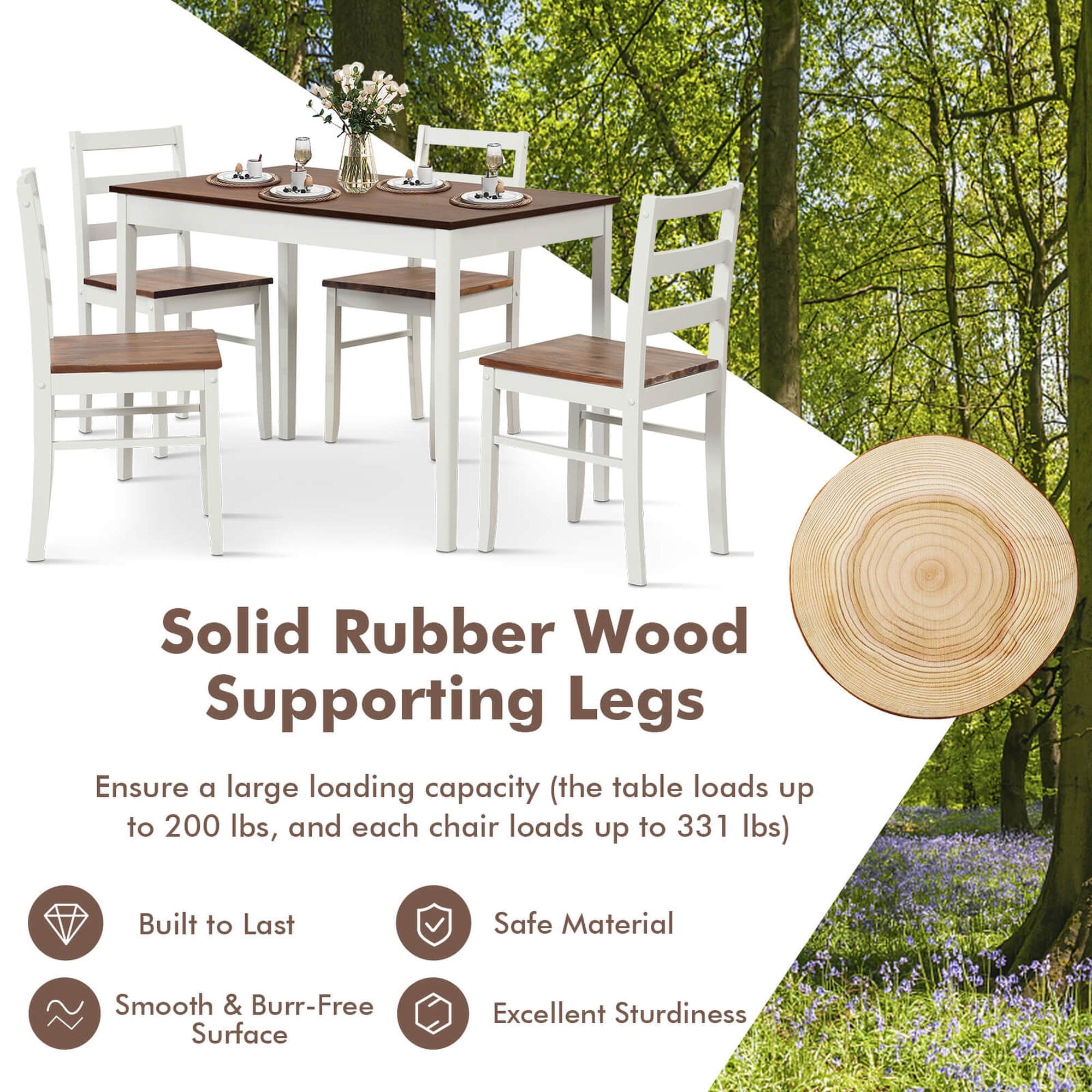 Costway 5-Piece Dining Set Solid Wood Kitchen Furniture with Rectangular Table & 4 Chairs