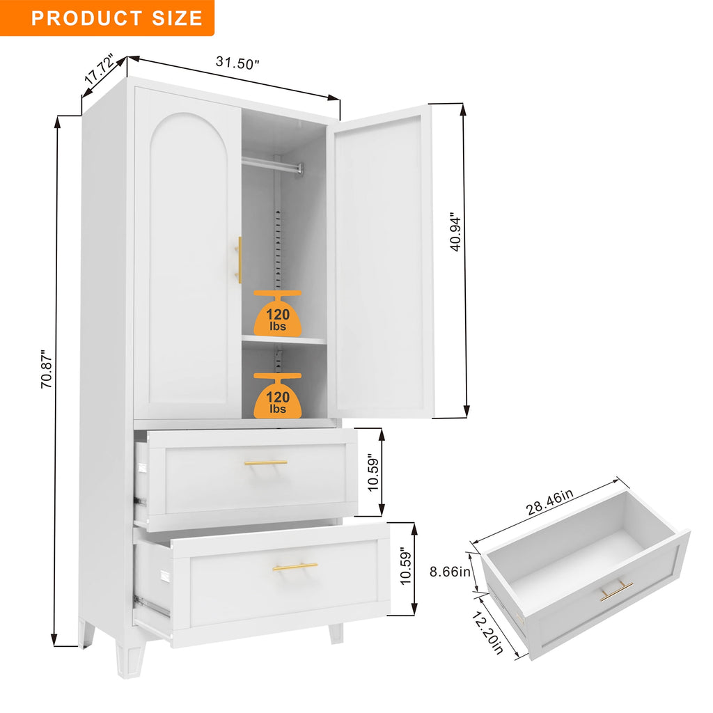AISWORD 60 Tall Metal Wardrobe Cabinet with 1 Drawer and Hanging Rod, 2 Doors Closet with Adjustable Shelf, White