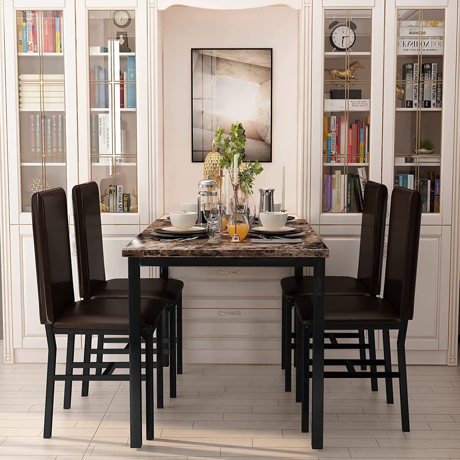 MIERES 5-Piece Dining Table Set for 4, Faux Marble Kitchen Table and 4 Chairs, Modern Dining Room Table with 4 Chairs, Dinner Table Set for Small Spaces, Brown