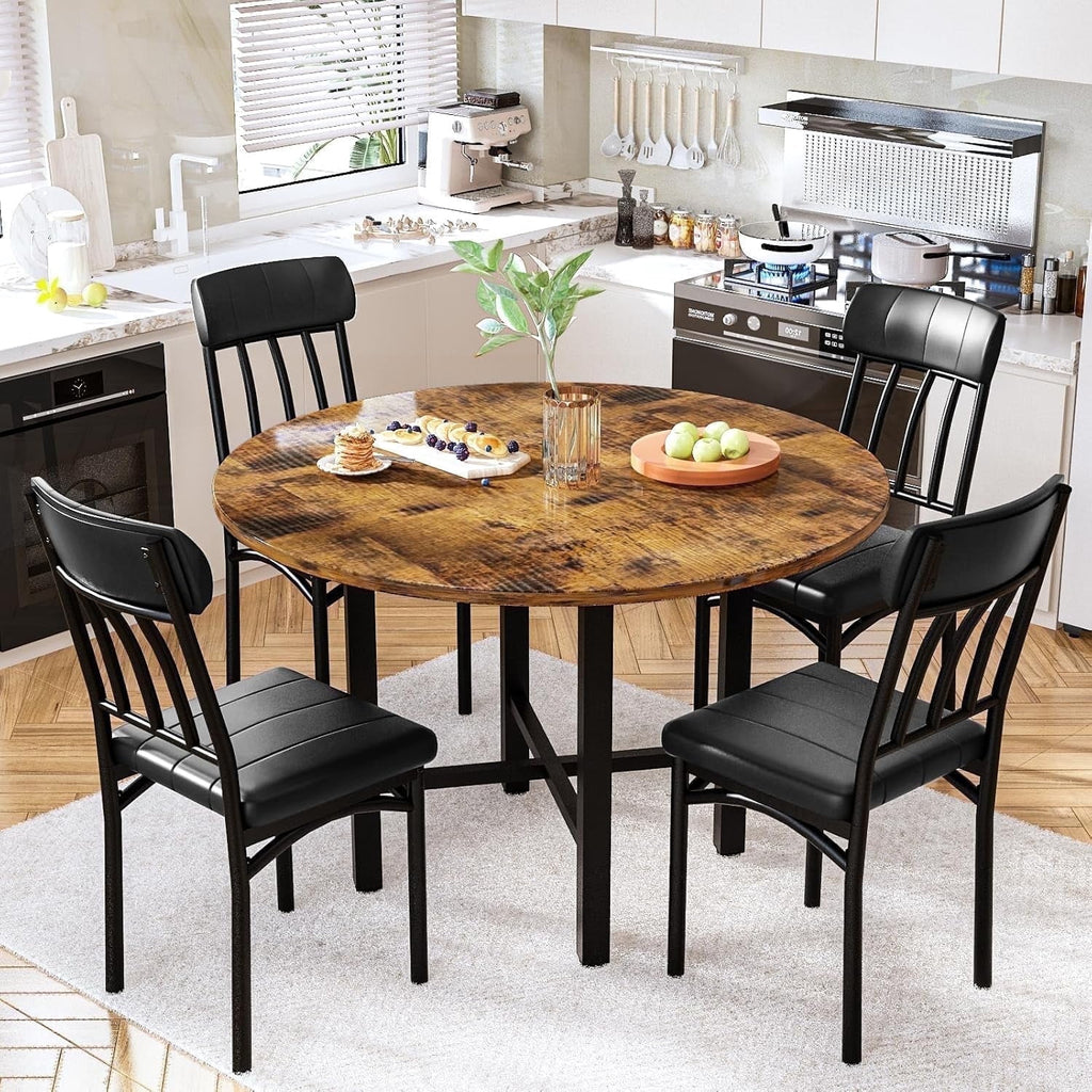 MIERES Round Dining Table Set for 4,Wood Round Kitchen Table and Chairs Set for 4,Modern Dining Room Table Set with 4 Faux Leather Chairs,Round Dinner Table for Small Space Gray