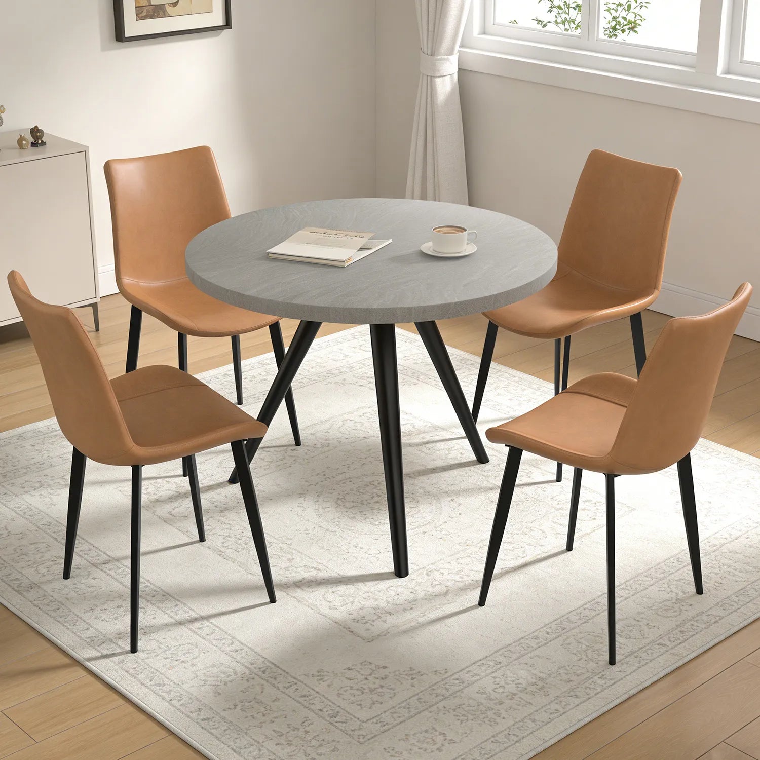 34.8 Round Dining Table Set for 4,5 Piece Mid-Century Modern Dining Set with 4 Upholstered Dining Chairs,Leisure Coffee Table for Kitchen Dining Room, Save Space