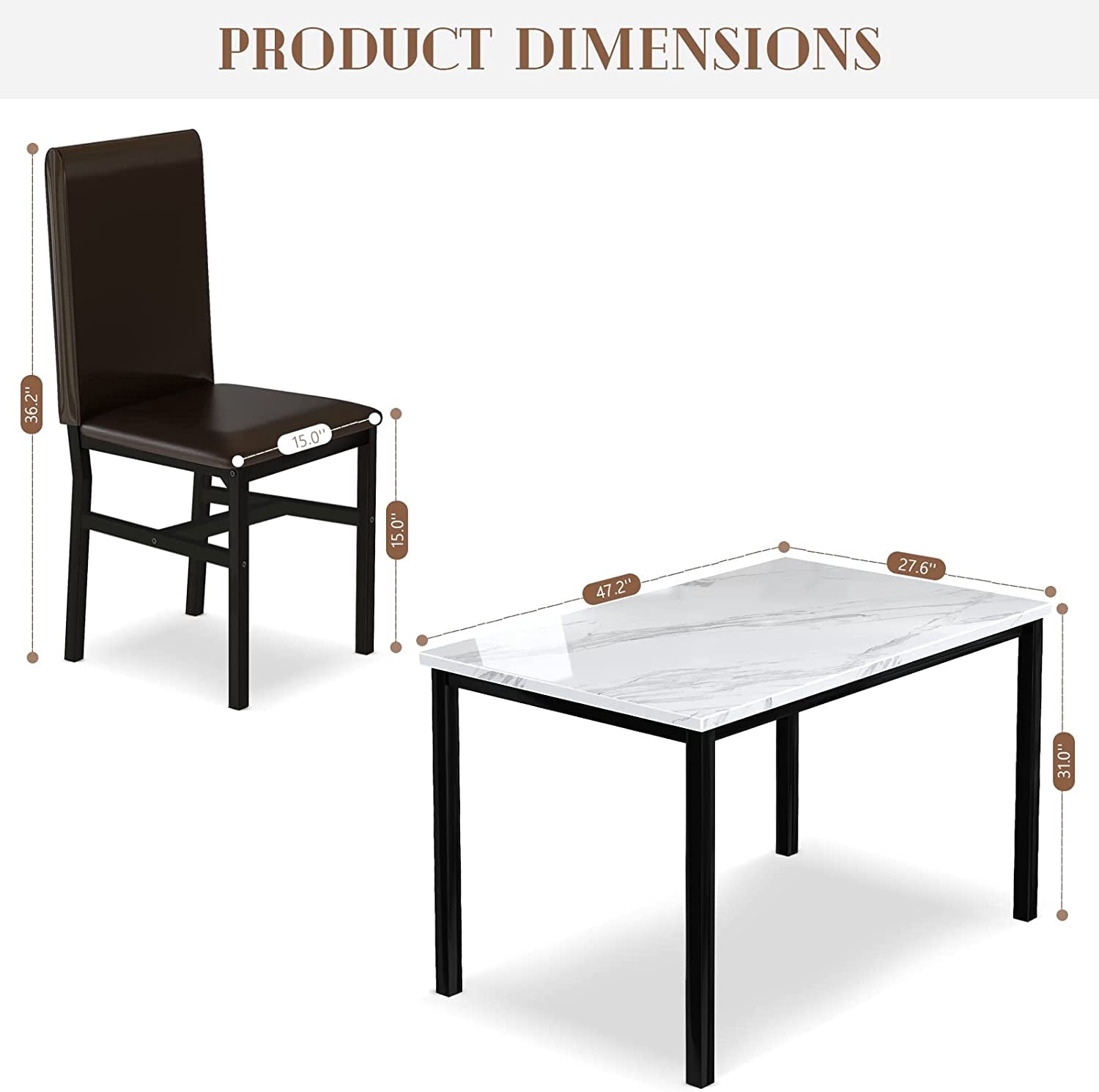 MIERES 5-Piece Dining Table Set for 4, Faux Marble Kitchen Table and 4 Chairs, Modern Dining Room Table with 4 Chairs, Dinner Table Set for Small Spaces, Brown