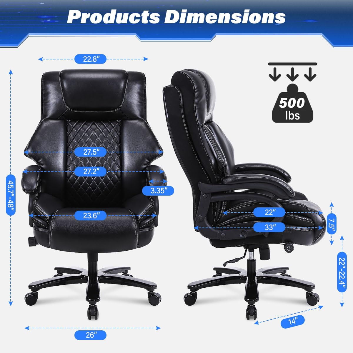 JONPONY Leather Office Chair, Big and Tall 500lbs Ergonomic Desk Chairs with Back Support, Executive Leather Chair with Wheels for Home Office, with Adjustable Padded Armrest & Lumbar Support , Black