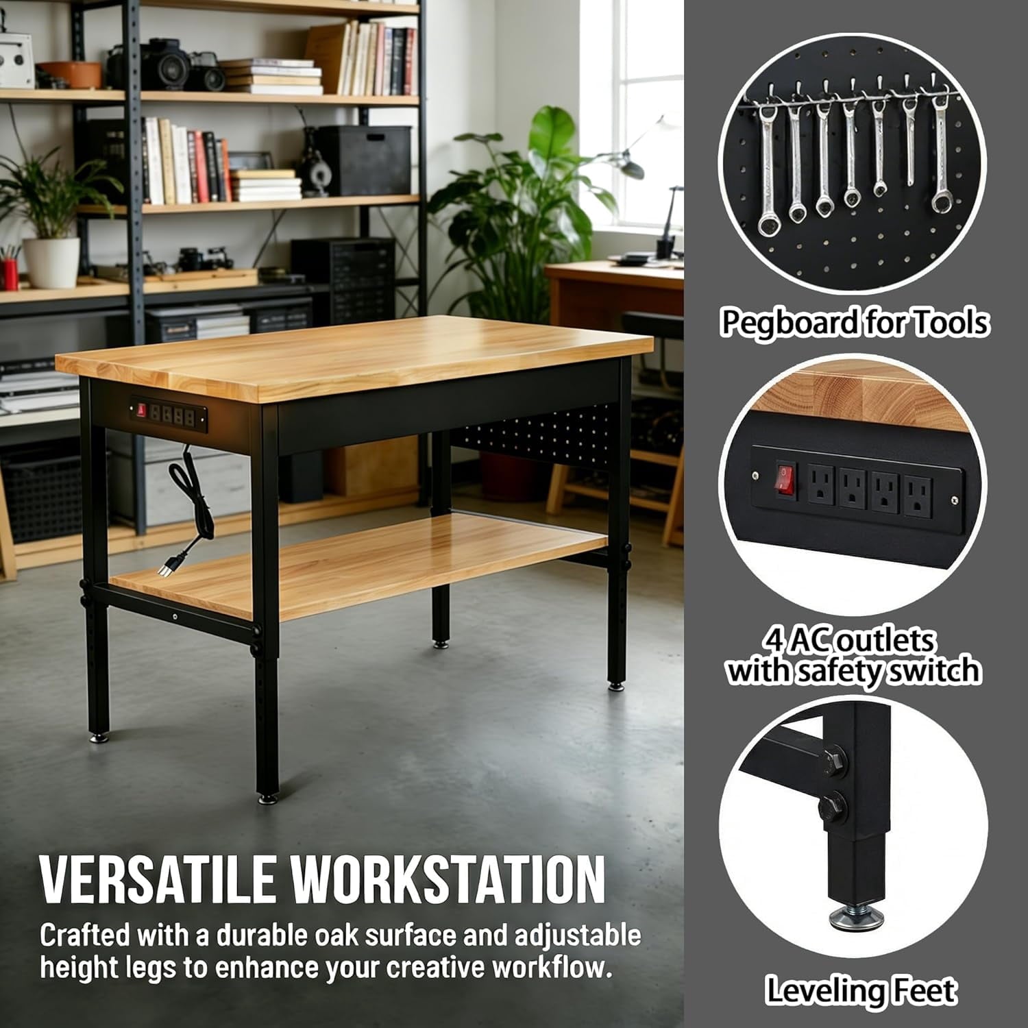 60 Inch Adjustable Workbench with Power Outlet, 2500 LBS Heavy Duty Double-Layer Workbench with Hardwood Top, 6-Level Height Adjustable Garage Work Table with Wheels, Rolling Workstation for Workshop