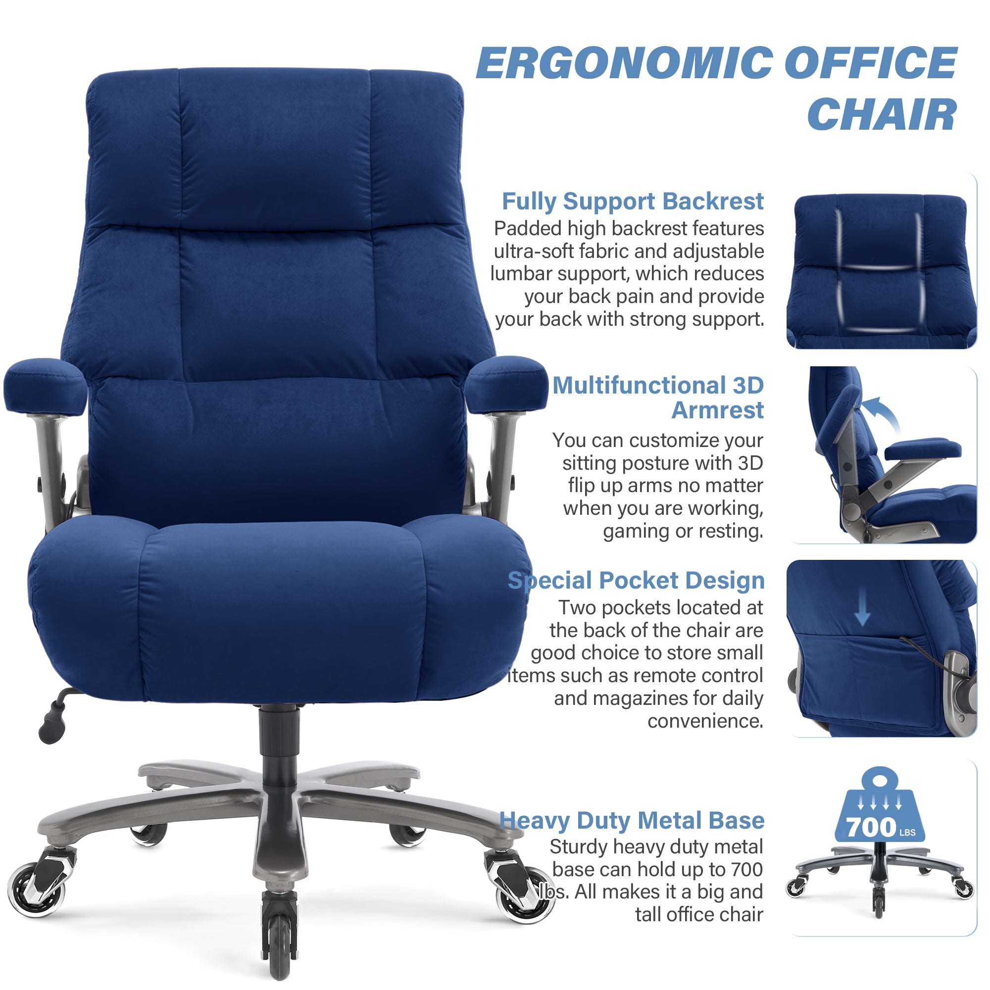 Big and Tall 700lbs Office Chair, Ultra-Soft Fabric Executive Desk Chair, Ergonomic Computer Chair with 3D Flip Up Arms, Adjustable Lumbar Support, Heavy Duty Metal Base and Quiet Rubber Wheel, Black