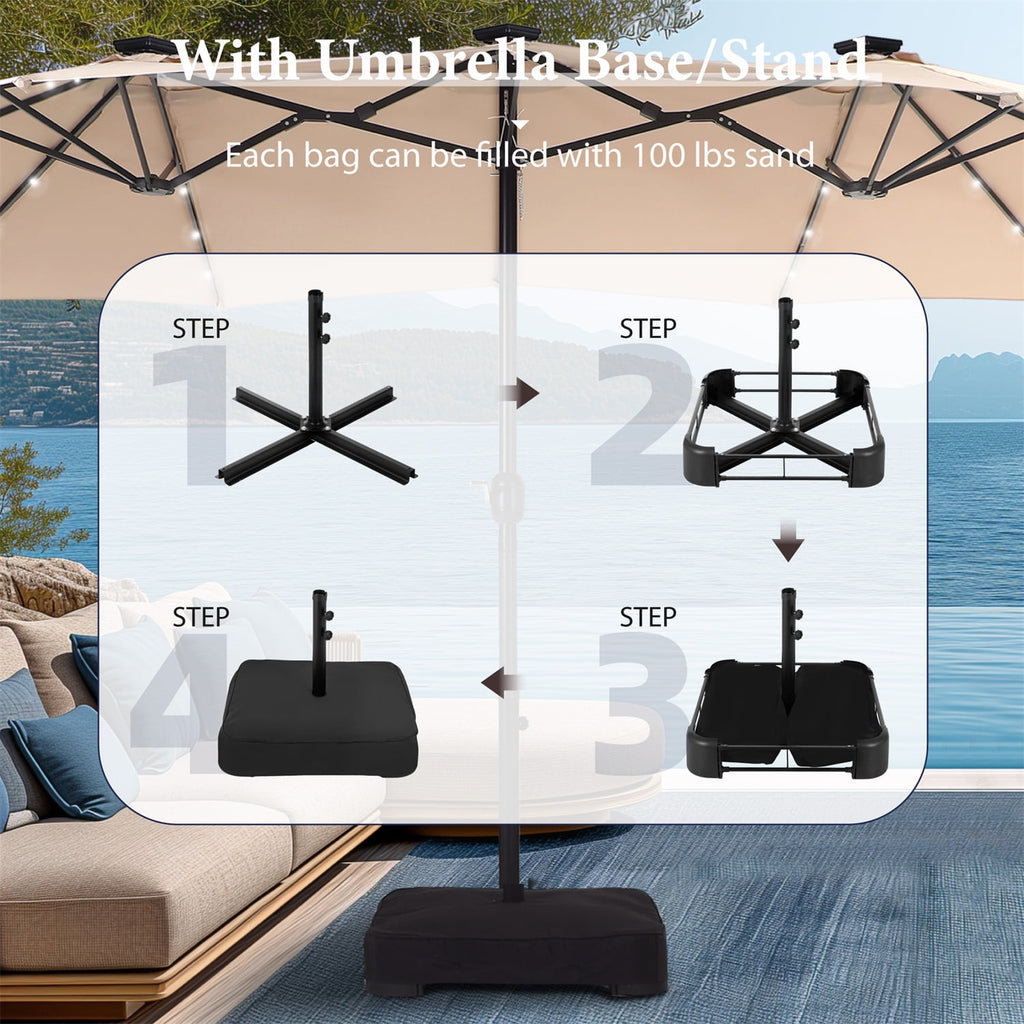 SUMMIT LIVING 15 FT Double-Sided Solar Patio Umbrella with Base Large Outdoor Umbrella with LED Solar Lights - Haze Blue