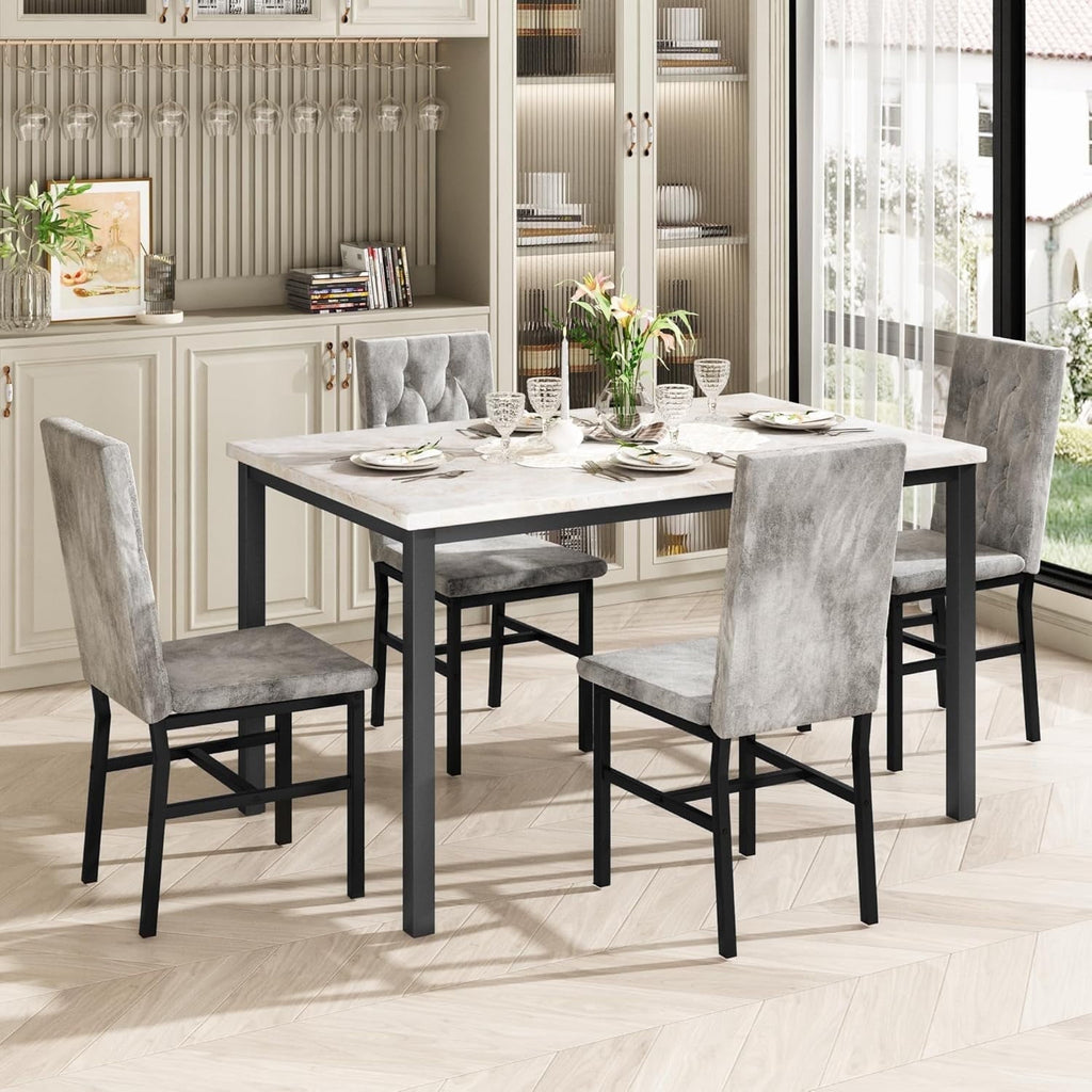 AWQM 5 Piece Dining Table Set, Faux Marble Kitchen Table and Chairs for 4, Dining Room Table Set with 4 PU Leather Chairs, White
