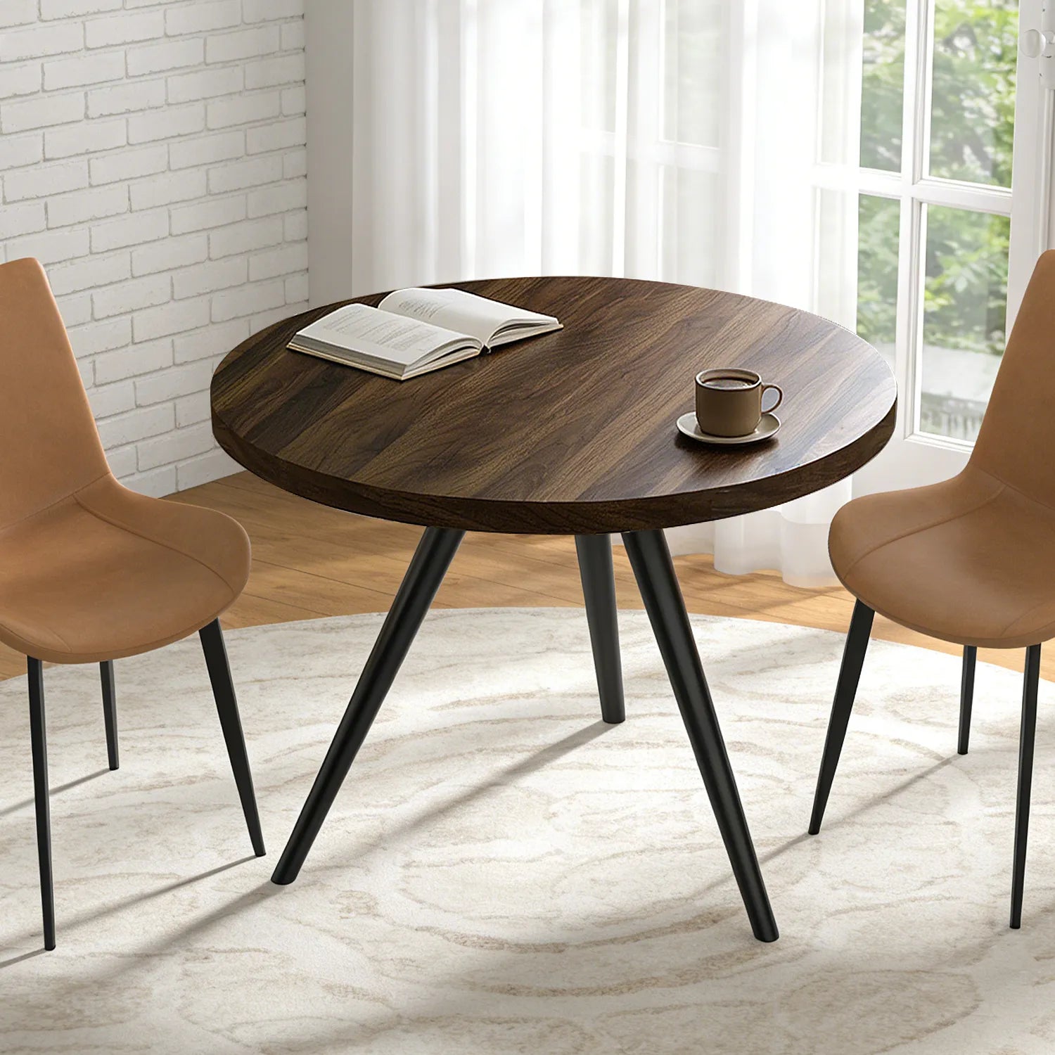 34.8 Round Dining Table Set for 4,5 Piece Mid-Century Modern Dining Set with 4 Upholstered Dining Chairs,Leisure Coffee Table for Kitchen Dining Room, Save Space