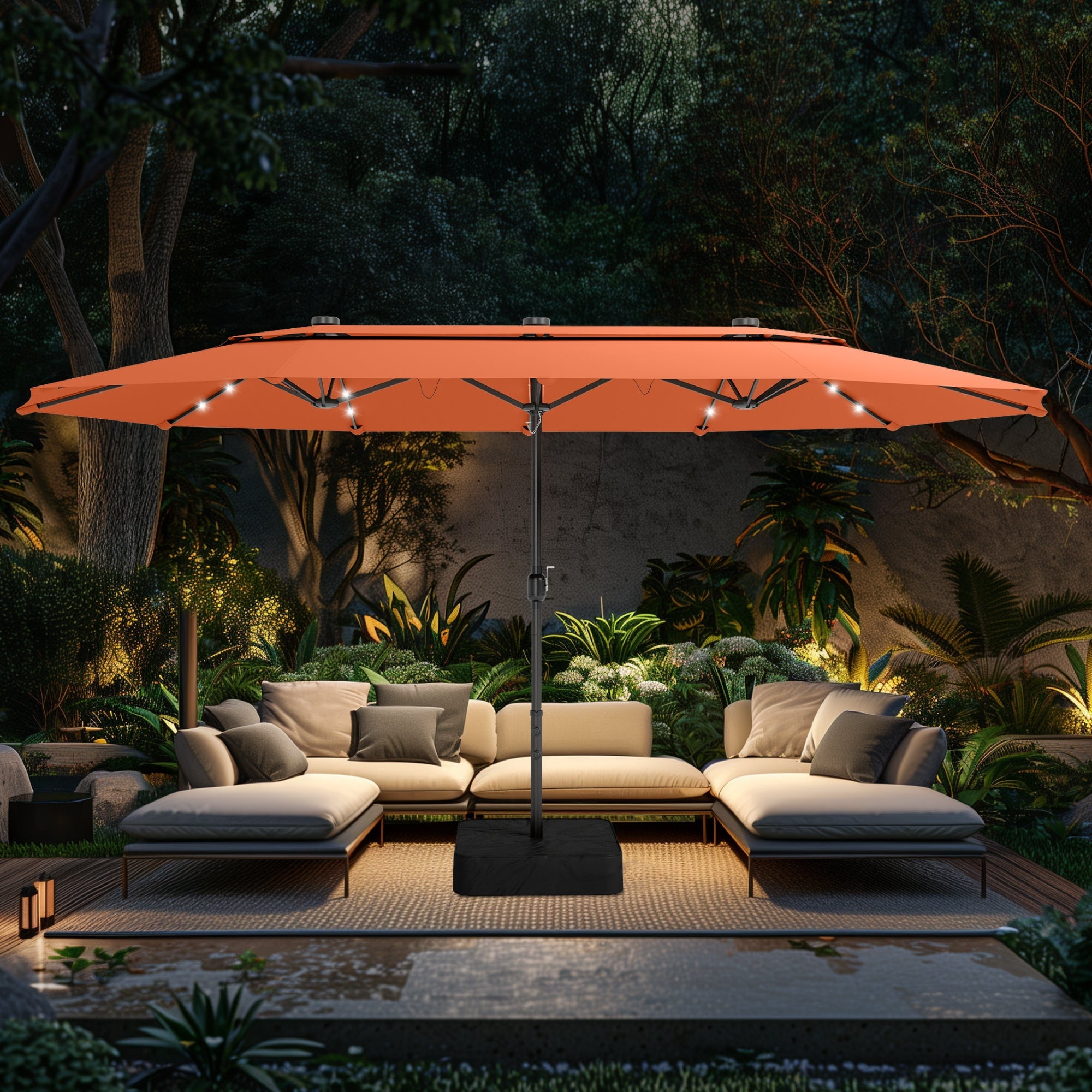 Alpha Joy 15ft Dual-Layer Extra Large Outdoor Patio Umbrella Double-Sided Ventilation Umbrella with Led Lights & Umbrella Base, Beige