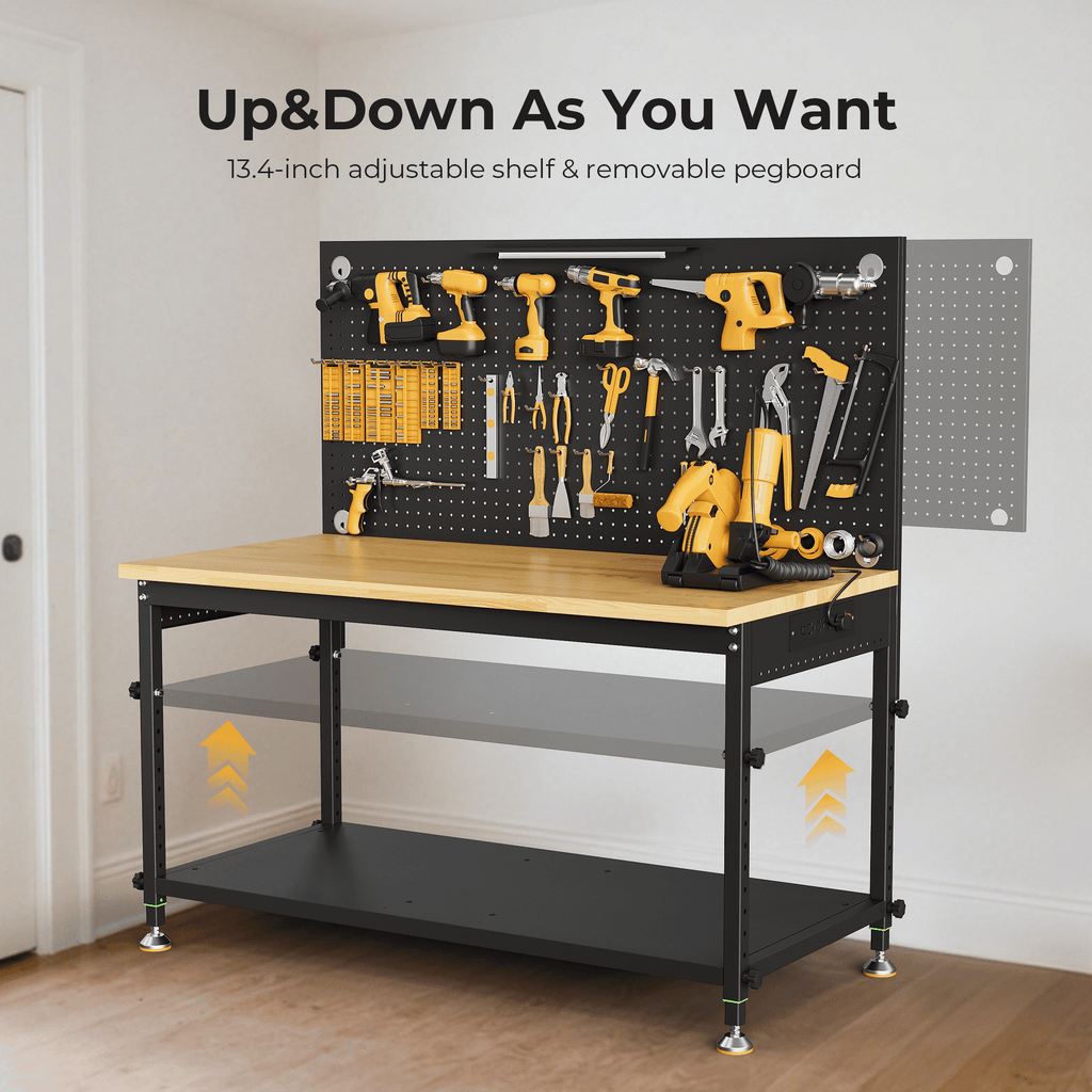 CAMMOO 48 Multifunctional Heavy Duty Workbench for Garage with Pegboard, 2000LBS Load,Adjustable Height Worktable,Storage Shelf,LED Light, Built-in Power Strip