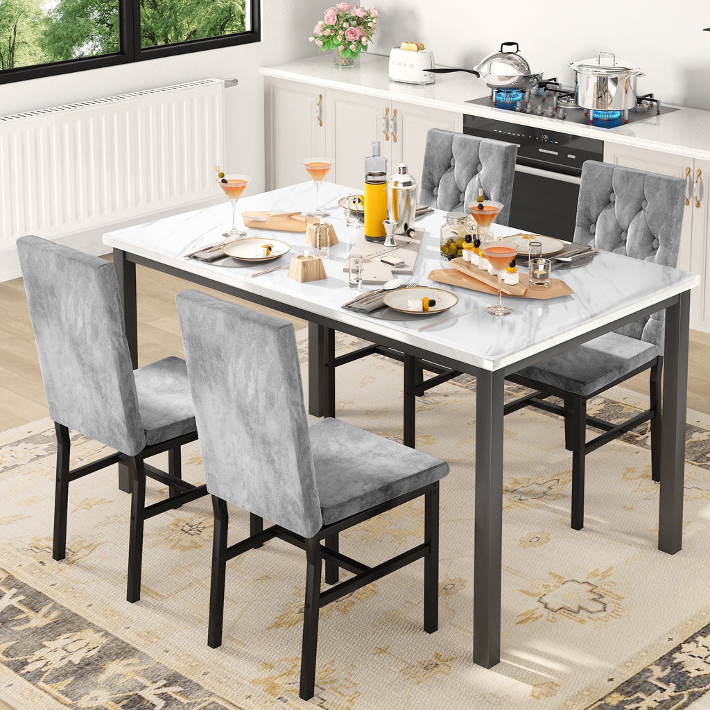 AWQM 5 Piece Dining Table Set, Faux Marble Kitchen Table and Chairs for 4, Dining Room Table Set with 4 PU Leather Chairs, White