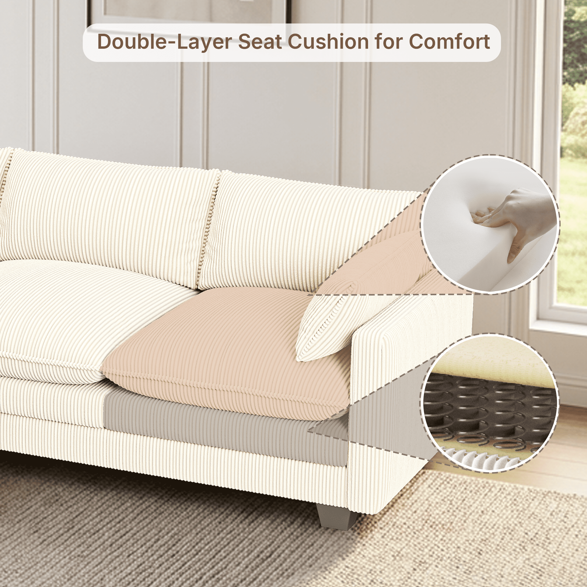 110 Cloud Couches for Living Room, Noelse 3 Seater Cloud Sofa with Double Layer Cushion and Deep Seat, Cream Couch with Washable Cover, Corduroy Fabric, Beige