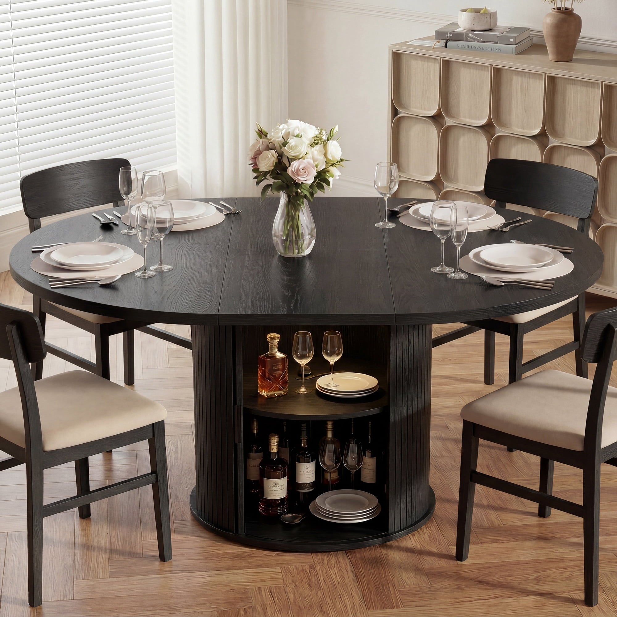 EOP 47″- 63″ Extendable Round Dining Table for 4-6, Wooden Kitchen Table with Hidden Storage and Fluted Sliding Door Cabinet, Modern Space-Saving Table for Dining Room Kitchen, Natural Wood