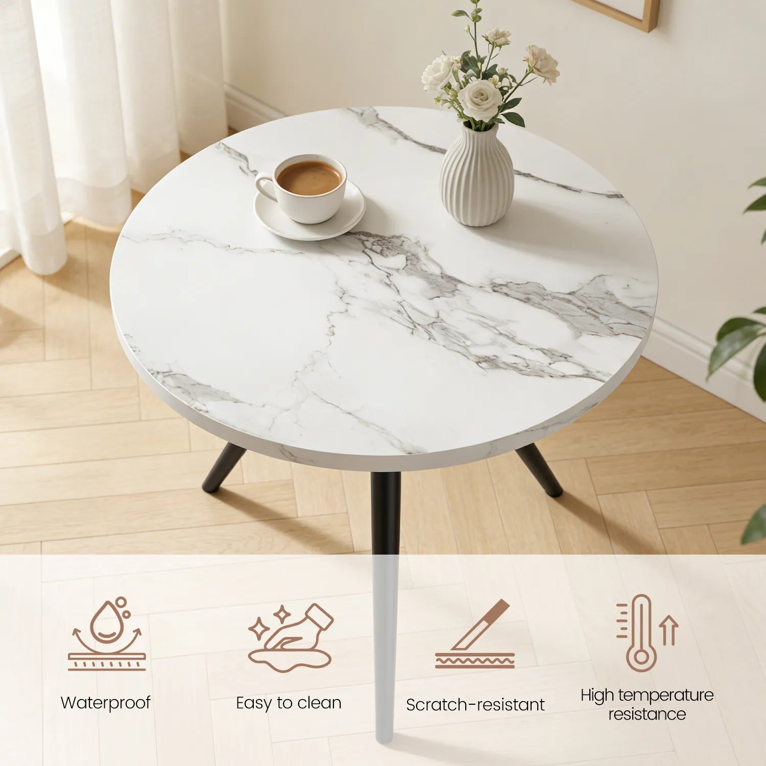 34.8 Round Dining Table Set for 4,5 Piece Mid-Century Modern Dining Set with 4 Upholstered Dining Chairs,Leisure Coffee Table for Kitchen Dining Room, Save Space