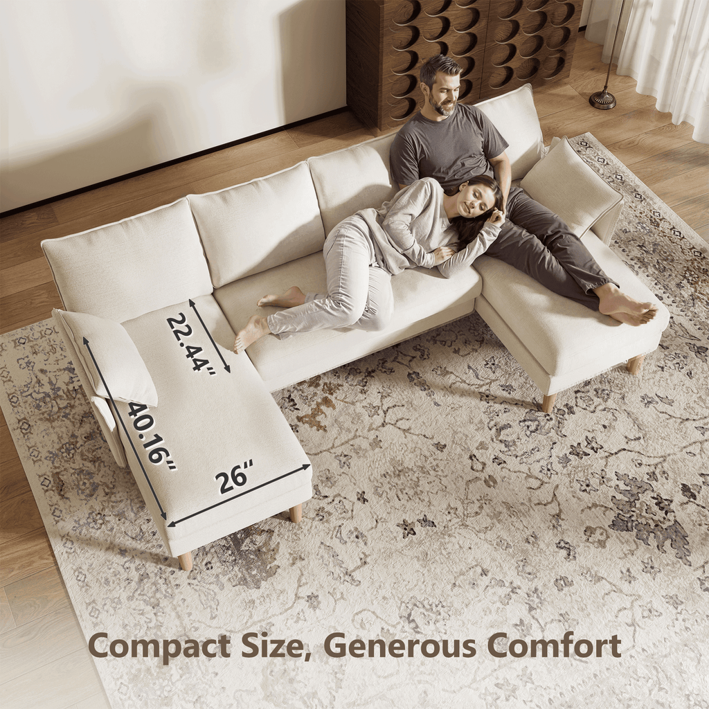 BedLuxury 100 U-Shape Sectional Sofa with Chaise, Chenille Modern Couch with High Legs for Living Room, Apartment, Beige