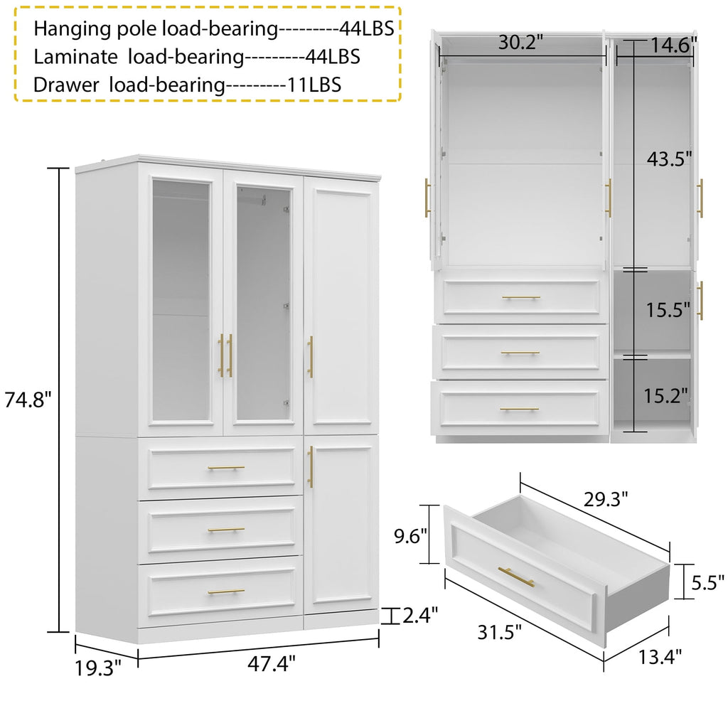 KULAGAGA Wardrobe Closet with Hanging Rod, Modern Wooden Armoire with 4 Framed Doors & 3 Large Shelves, Clothes Storage Cabinet Organizer for Bedroom Apartment, White
