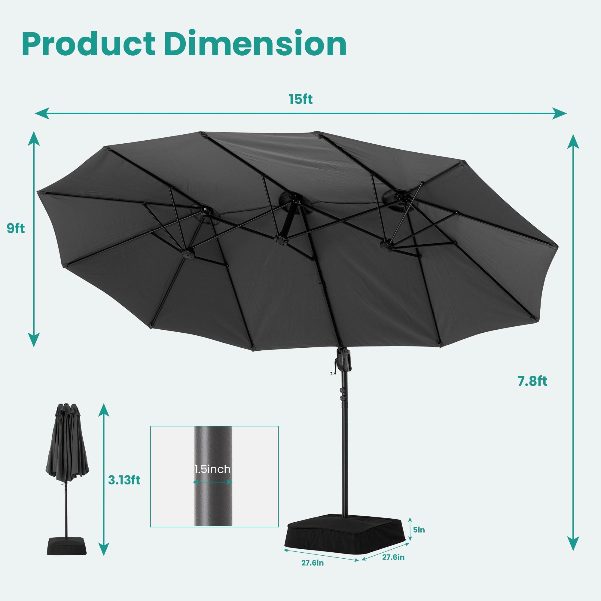 FOROUTIA 15ft Double-Sided Patio Umbrella, Large Rectangular Outdoor Market Umbrella with Crank, UV50+ Waterproof Twin Umbrella for Backyard, Poolside, Deck,Off-White