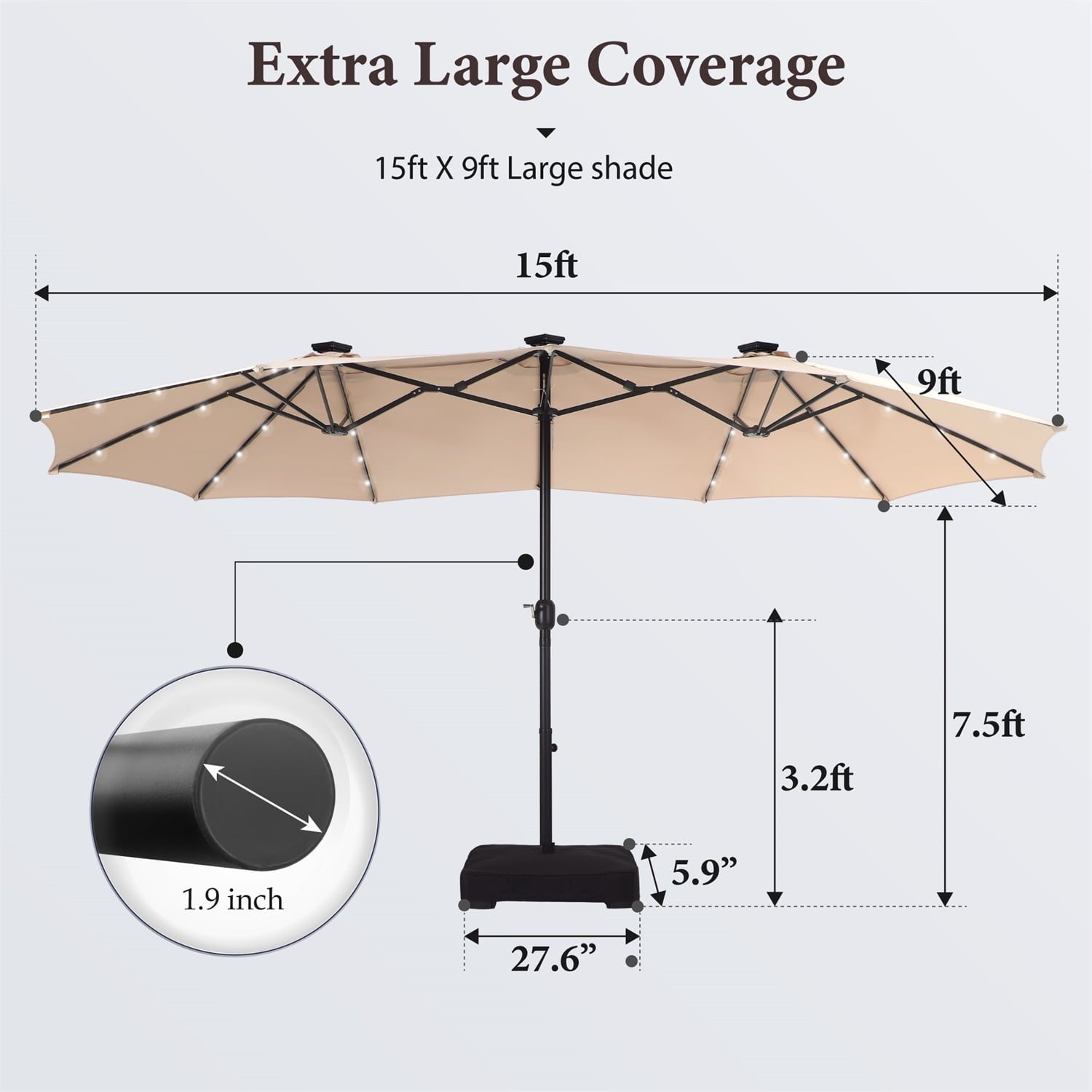 SUMMIT LIVING 15 FT Double-Sided Solar Patio Umbrella with Base Large Outdoor Umbrella with LED Solar Lights - Haze Blue