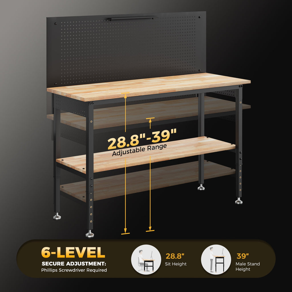 CAMMOO 48 Multifunctional Heavy Duty Workbench for Garage with Pegboard, 2000LBS Load,Adjustable Height Worktable,Storage Shelf,LED Light, Built-in Power Strip