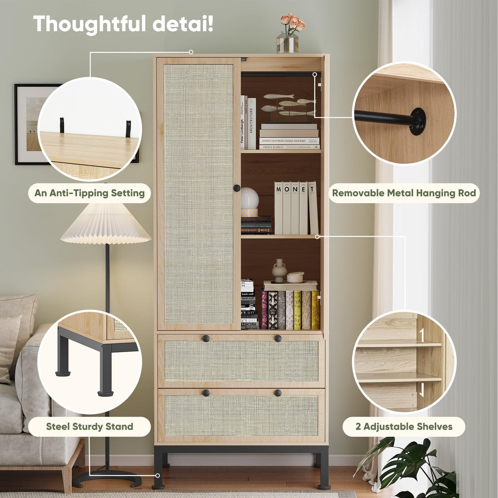 Brafabhome 67H Fluted Armoire Wardrobe Closet with Drawer, Wooden 2 Doors Wardrobe Cabinet with Hanging Rod & Adjustable Shelf for Bedroom | Nature