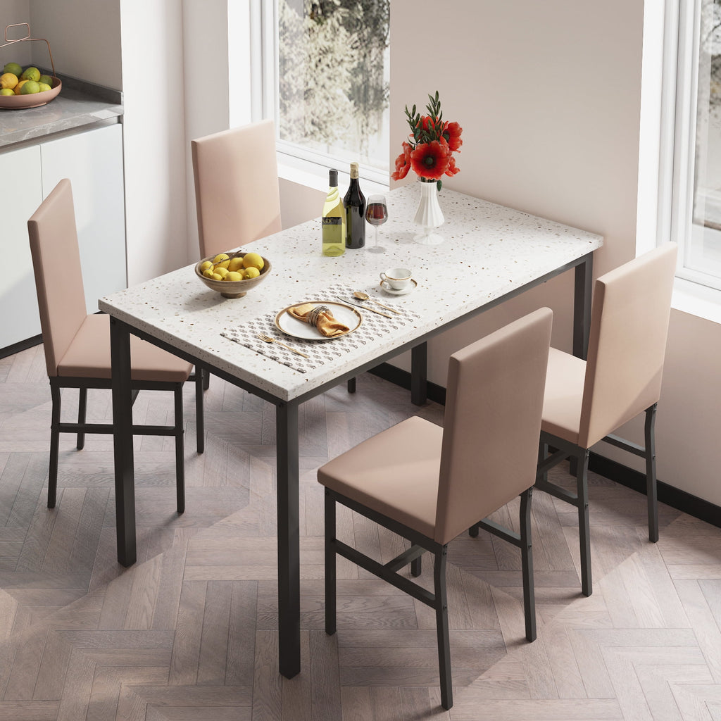 5 Piece Dining Table Set, Modern Faux Marble Tabletop and 4 PU Leather Upholstered Chairs, Rectangle Kitchen Table and Chairs for 4 Persons, Small Dining Set for Bar Dining Room Breakfast Nook
