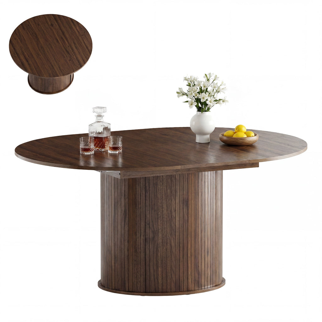 EOP 47″- 63″ Extendable Round Dining Table for 4-6, Wooden Kitchen Table with Hidden Storage and Fluted Sliding Door Cabinet, Modern Space-Saving Table for Dining Room Kitchen, Natural Wood