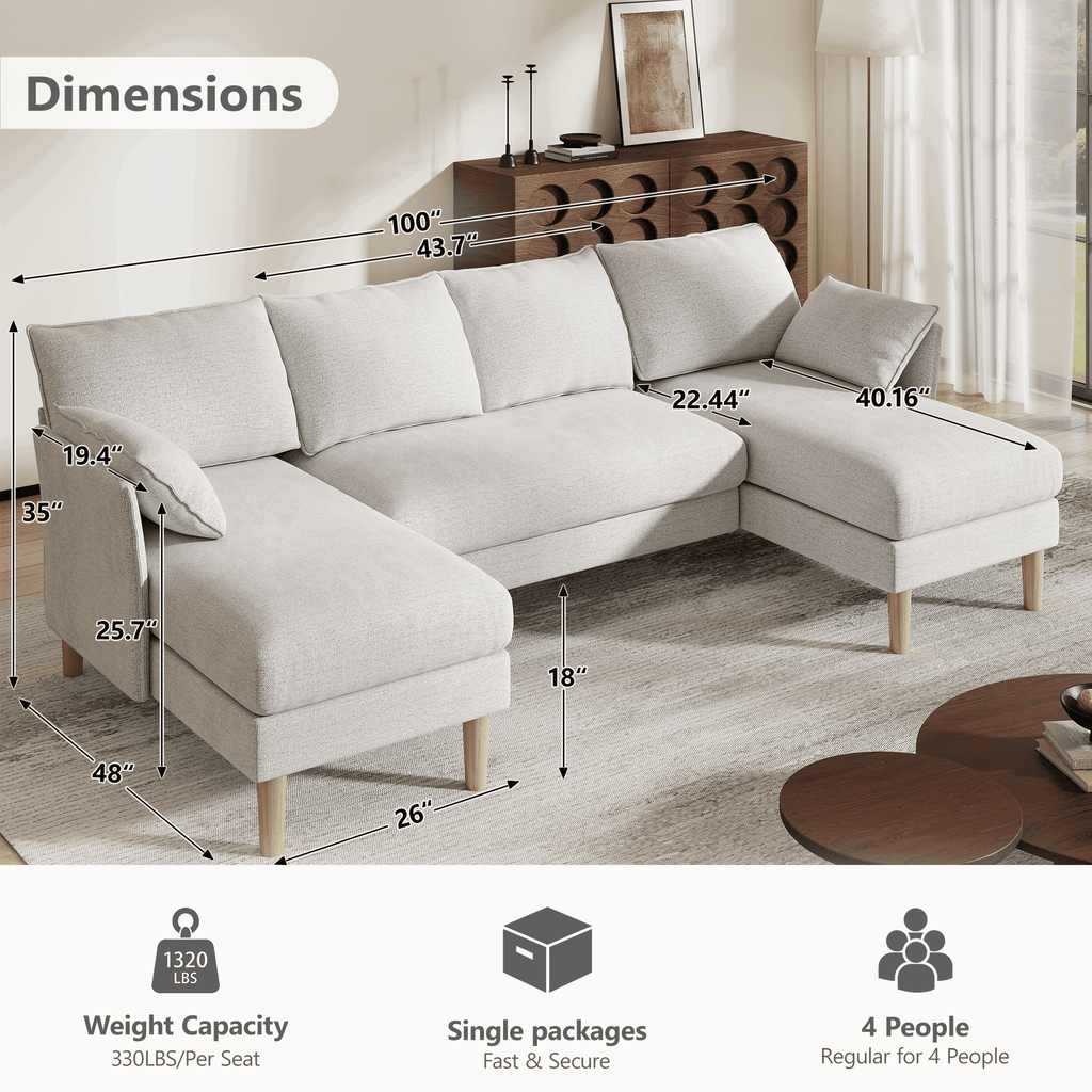BedLuxury 100 U-Shape Sectional Sofa with Chaise, Chenille Modern Couch with High Legs for Living Room, Apartment, Gray