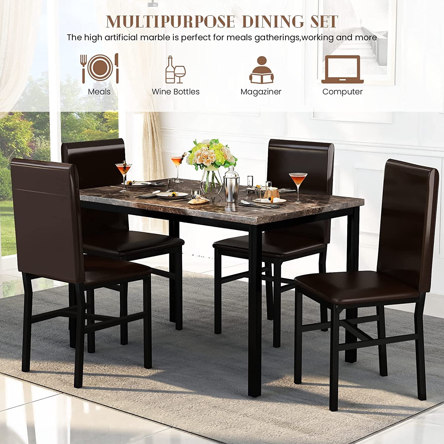 MIERES 5-Piece Dining Table Set for 4, Faux Marble Kitchen Table and 4 Chairs, Modern Dining Room Table with 4 Chairs, Dinner Table Set for Small Spaces, Brown