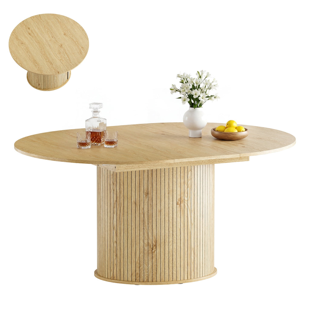 EOP 47″- 63″ Extendable Round Dining Table for 4-6, Wooden Kitchen Table with Hidden Storage and Fluted Sliding Door Cabinet, Modern Space-Saving Table for Dining Room Kitchen, Walnut