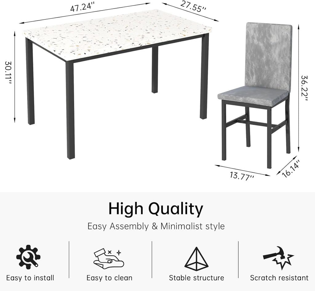MIERES 5 Piece Dinning Table Sets for 4, Marble Kitchen Table and Chairs for 4,Dining Room Table Set with PU Leather Chairs,Faux Marble Dining Set for Small Spaces,Living Room,White+Brown