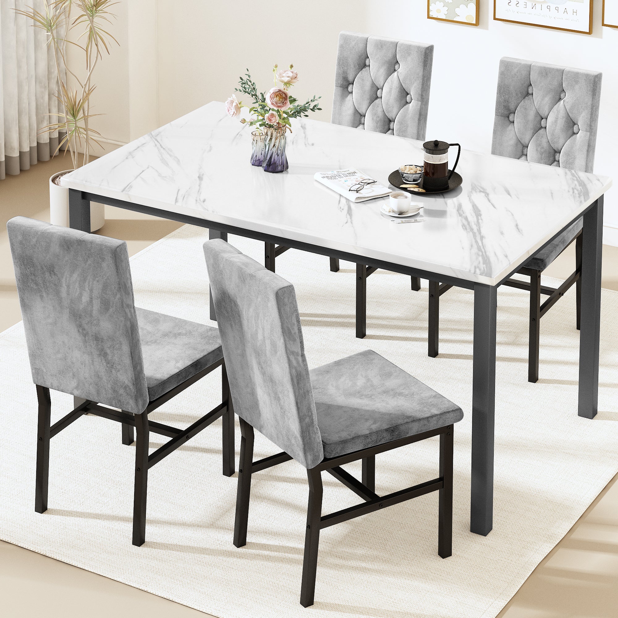 Baxluxe Dining Table Set for 4, Space Saving Rectangle Dining Table with 4 Velvet Dining Chairs, Faux Marble Kitchen Table and Chairs Set, Modern Dining Room Set for Kitchen, Pub, Beige+Gray