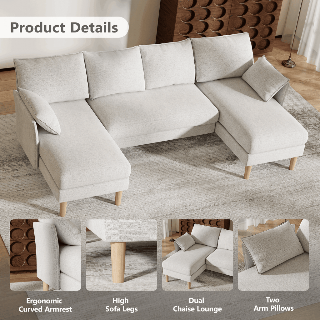 BedLuxury 100 U-Shape Sectional Sofa with Chaise, Chenille Modern Couch with High Legs for Living Room, Apartment, Gray
