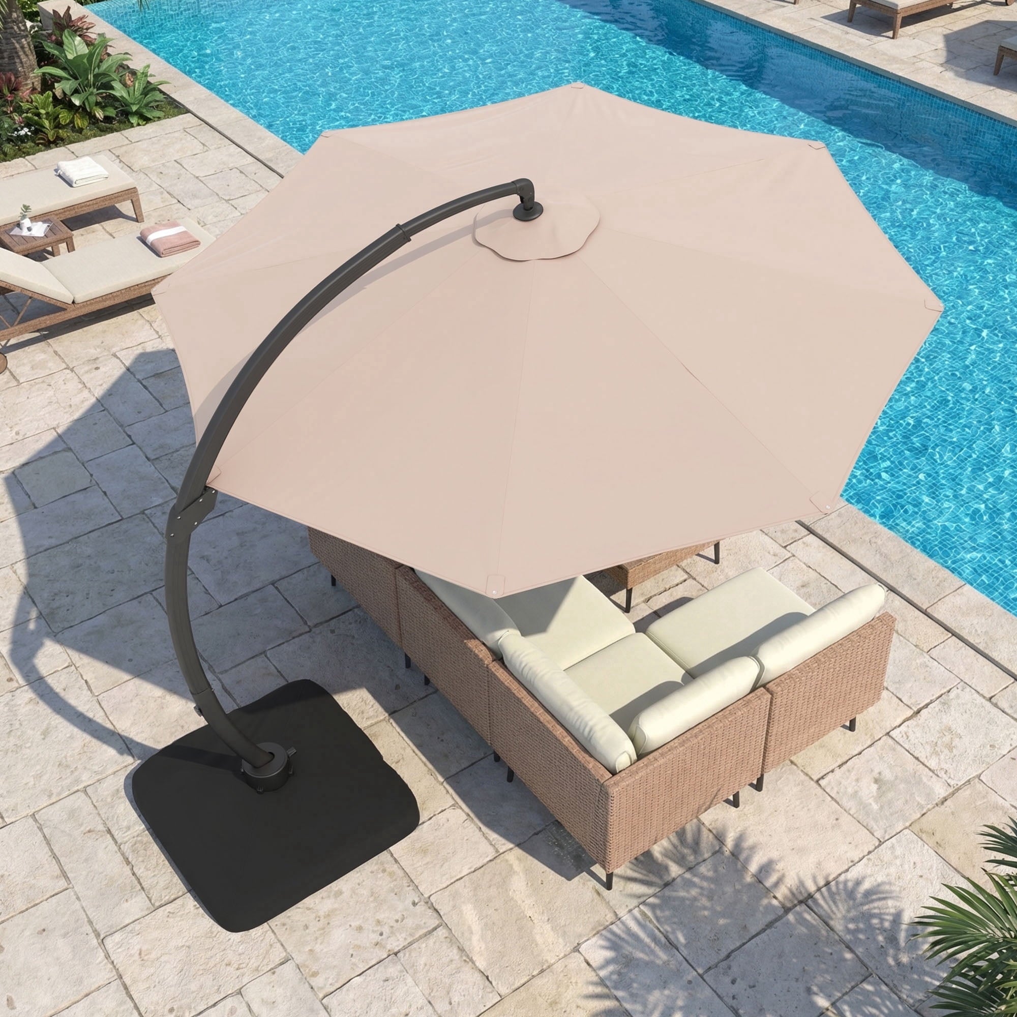 LAZZO 12ft Outdoor Patio Umbrella with Base and Lights, Aluminum Offset Cantilever Umbrella for Pool Deck, Champagne