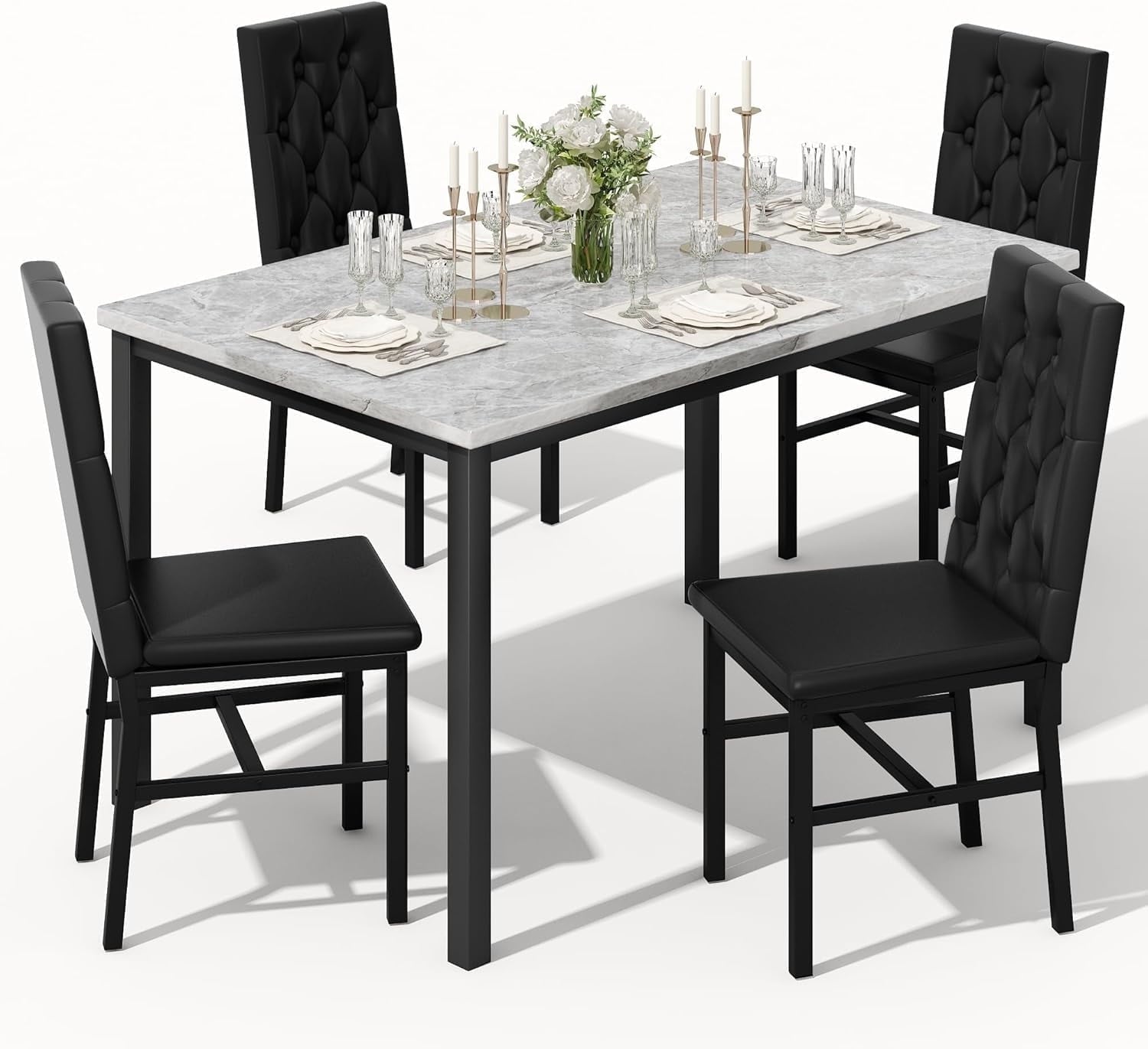 Baxluxe Dining Table Set for 4, Space Saving Rectangle Dining Table with 4 Velvet Dining Chairs, Faux Marble Kitchen Table and Chairs Set, Modern Dining Room Set for Kitchen, Pub, Beige+Gray