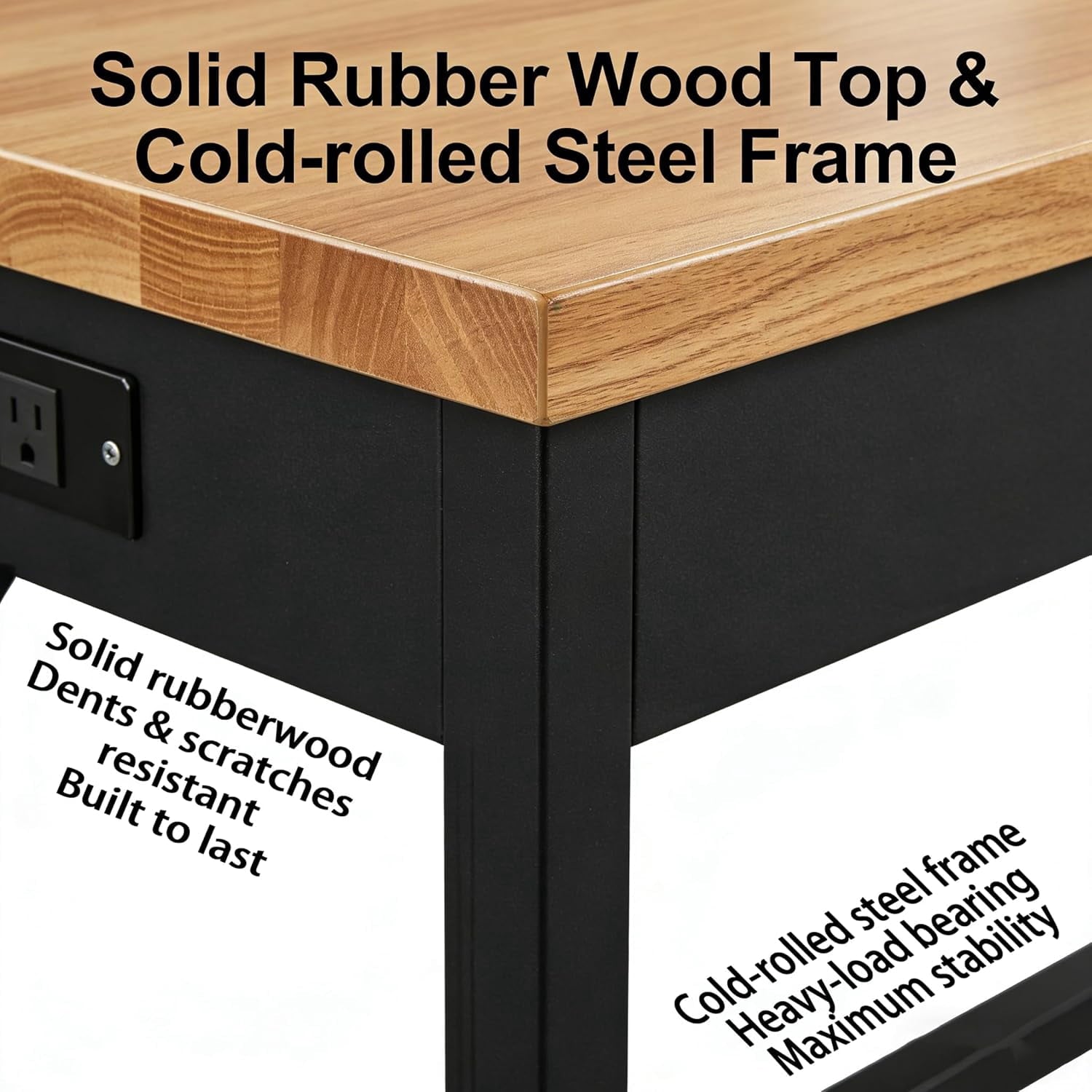 60 Inch Adjustable Workbench with Power Outlet, 2500 LBS Heavy Duty Double-Layer Workbench with Hardwood Top, 6-Level Height Adjustable Garage Work Table with Wheels, Rolling Workstation for Workshop