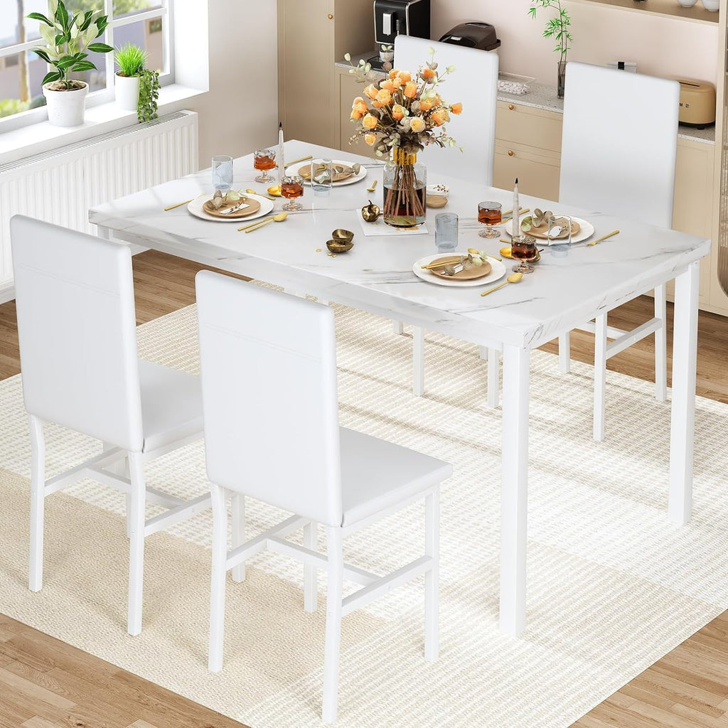 MIERES 5 Piece Dinning Table Sets for 4, Marble Kitchen Table and Chairs for 4,Dining Room Table Set with PU Leather Chairs,Faux Marble Dining Set for Small Spaces,Living Room,White+Brown