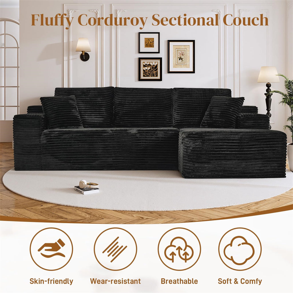 Aukfa 95 Cloud Sectional Sofa Deep Seat Boneless Couch Modular L-Shaped Couch, Left Chaise Corduroy Sofa for Living Room, Black