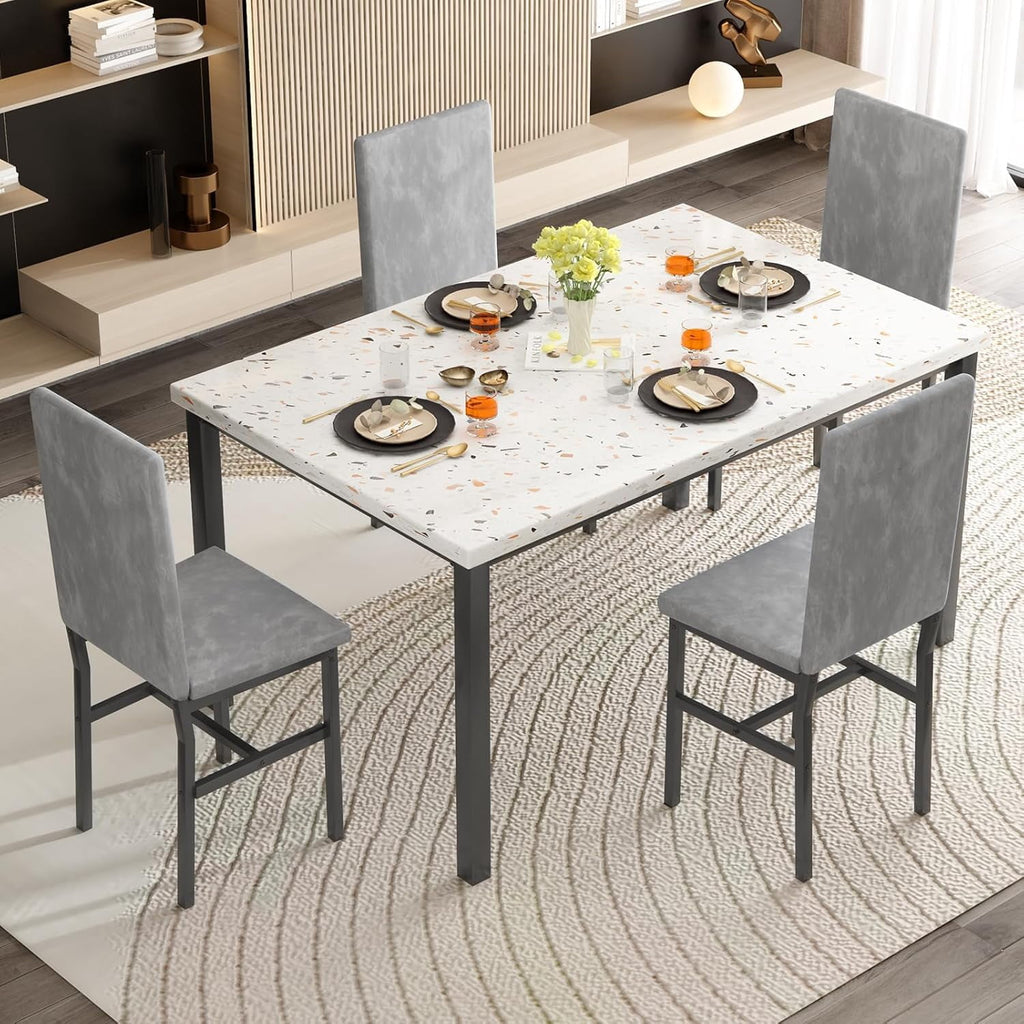 MIERES 5-Piece Dining Table Set for 4, Faux Marble Kitchen Table and 4 Chairs, Modern Dining Room Table with 4 Chairs, Dinner Table Set for Small Spaces, Brown