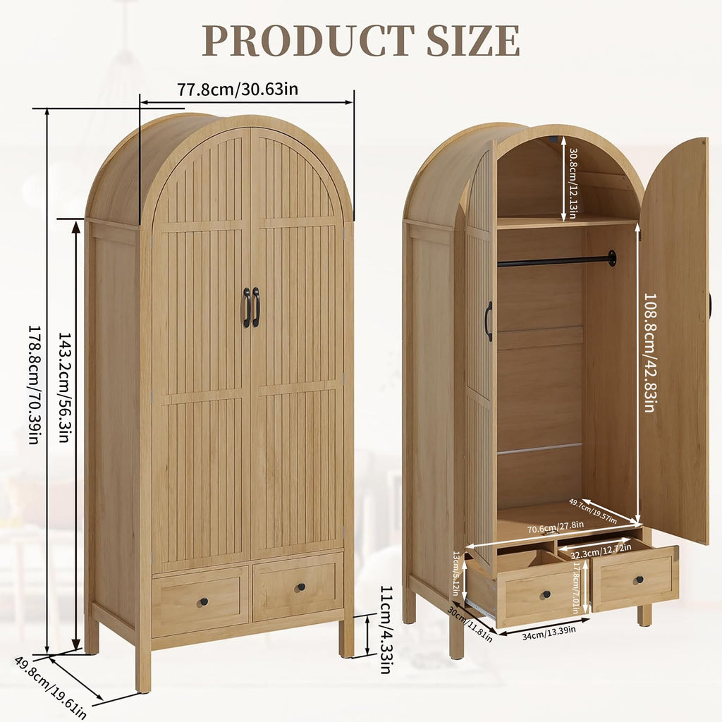 Armoire Wardrobe Closet, Wardrobe Cabinet with Drawers and Hanging Rod, Wooden Armoire Closet for Bedroom, Walnut
