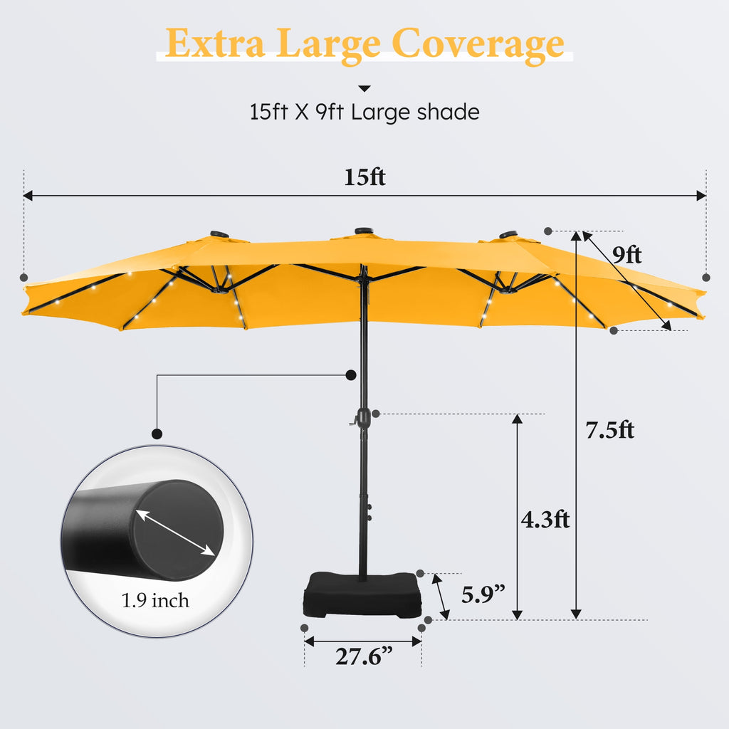 SUMMIT LIVING 15 FT Double-Sided Solar Patio Umbrella with Base Large Outdoor Umbrella with LED Solar Lights - Haze Blue