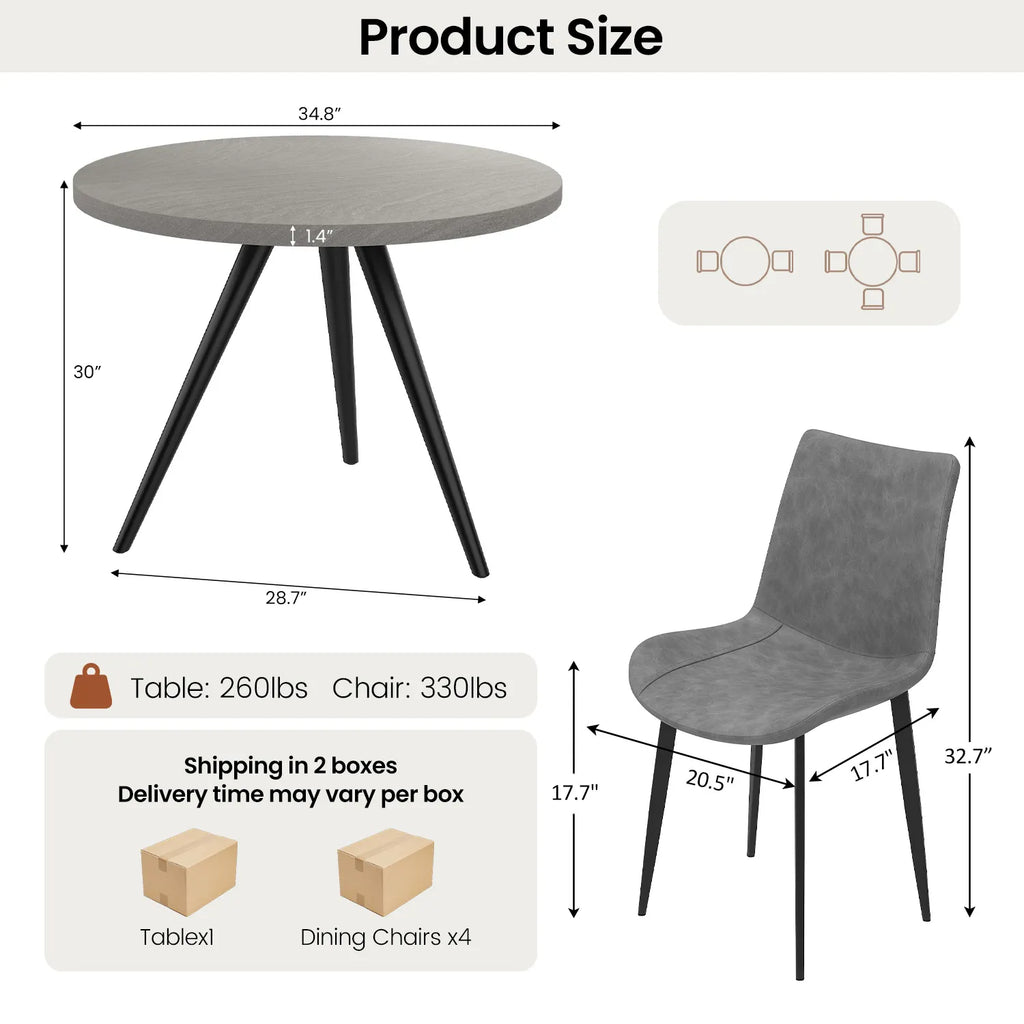 34.8 Round Dining Table for 4 People, Modern Circle Kitchen Table with Metal Legs for Kitchen, Dining Room, Apartment,Gray