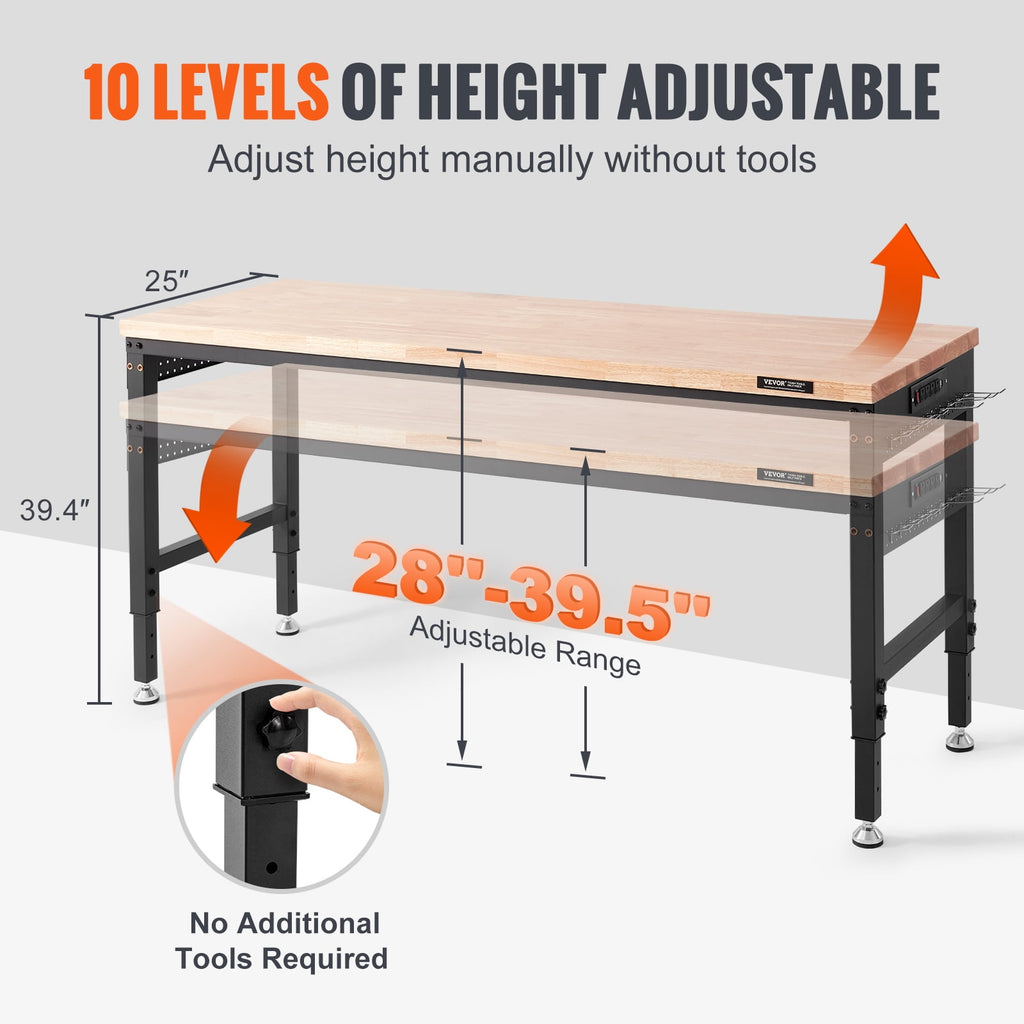 VEVOR Adjustable Workbench, 72 L X 25 W Garage Worktable with Universal Wheels, 28-39.5 Heights & 3000 LBS Load Capacity, with Power Outlets & Hardwood Top & Storage & Foot Pads, for Office Home